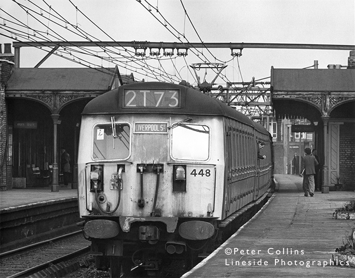 Suburban EMU AM5 (later Class 305) 305448 arrives into Bethnal Green station at 15.45 with the 2T73 15.26 from Chingford to London Liverpool Street some time in the early 1970s.