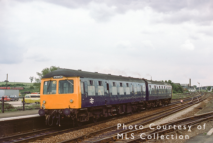 A Class 105 DMU (also known as Bog-Crates) departs from Stowmarket towards Ipswich on the 29th June 1978.